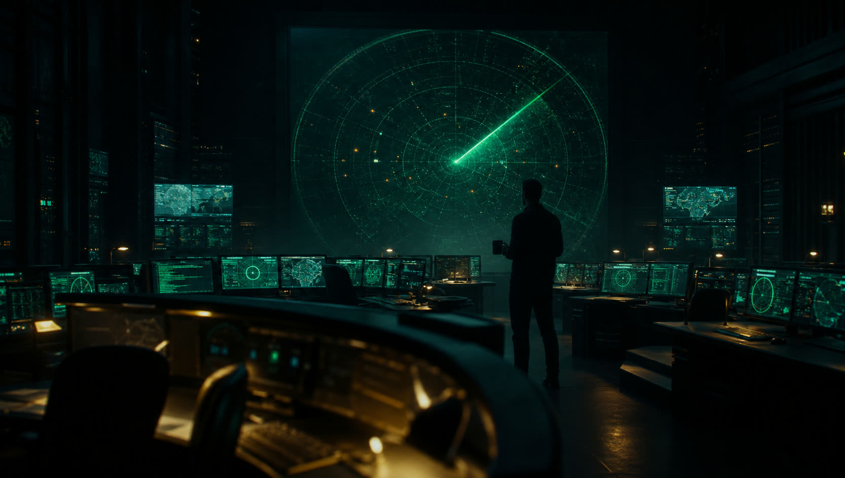 Sala de operaciones en penumbra con un gran radar verde en la pared y un operador de guardia
